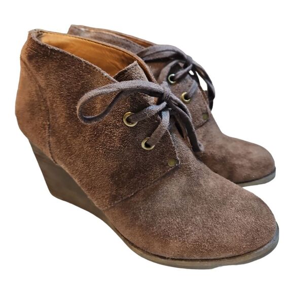 Lucky Brand Brown Suede Leather Booties Lace Up Wedge Heel Boho Women’s Size 7 - Picture 1 of 10